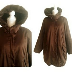 Jones New York Brown Satin Faux Fur Hooded Coat- Size 1X